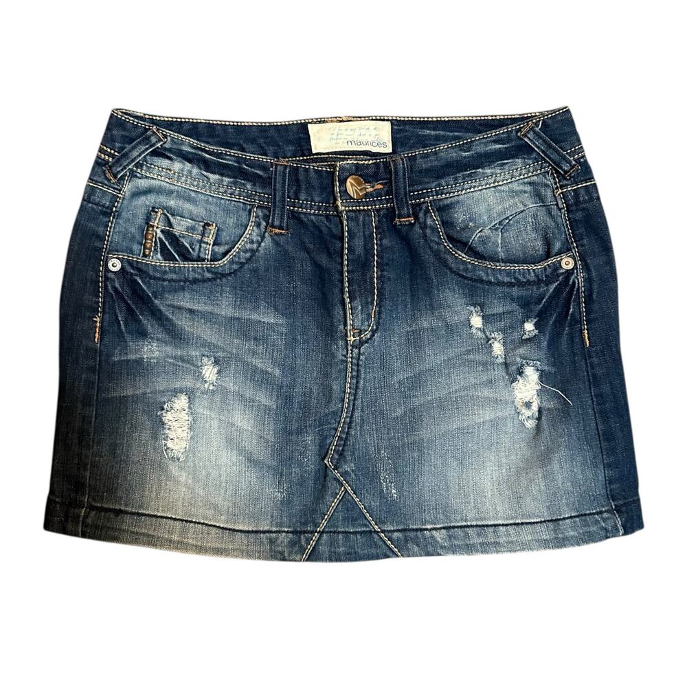 Y2K Maurice’s Blue Denim Mini Skirt Womens 1/2 Distressed Indie Grunge Western
